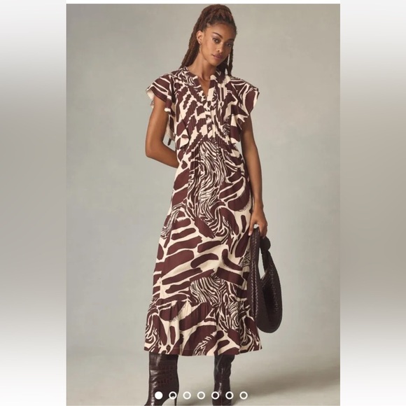 Anthropologie The Cassandra Maxi Dress Zebra Print Ruffled Hem Brown Motif Anthropologie The Cassandra Maxi Dress Zebra Print Ruffled Hem Brown Motif